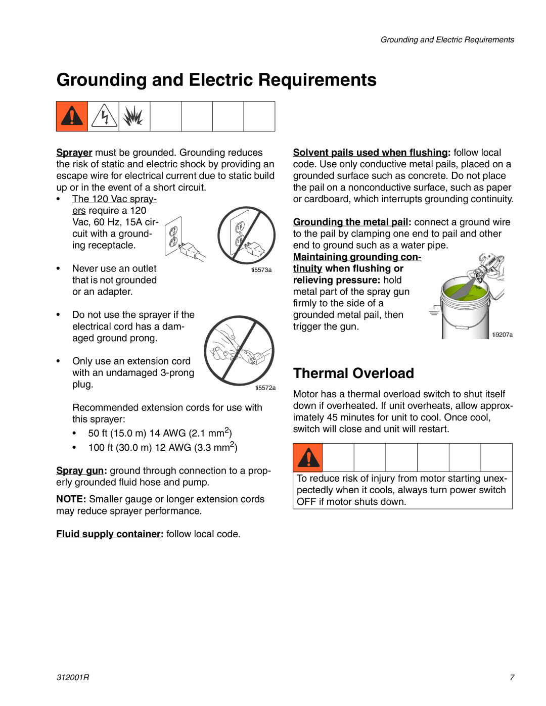 Graco 312001R Grounding and Electric Requirements, Thermal Overload, Fluid supply container follow local code 