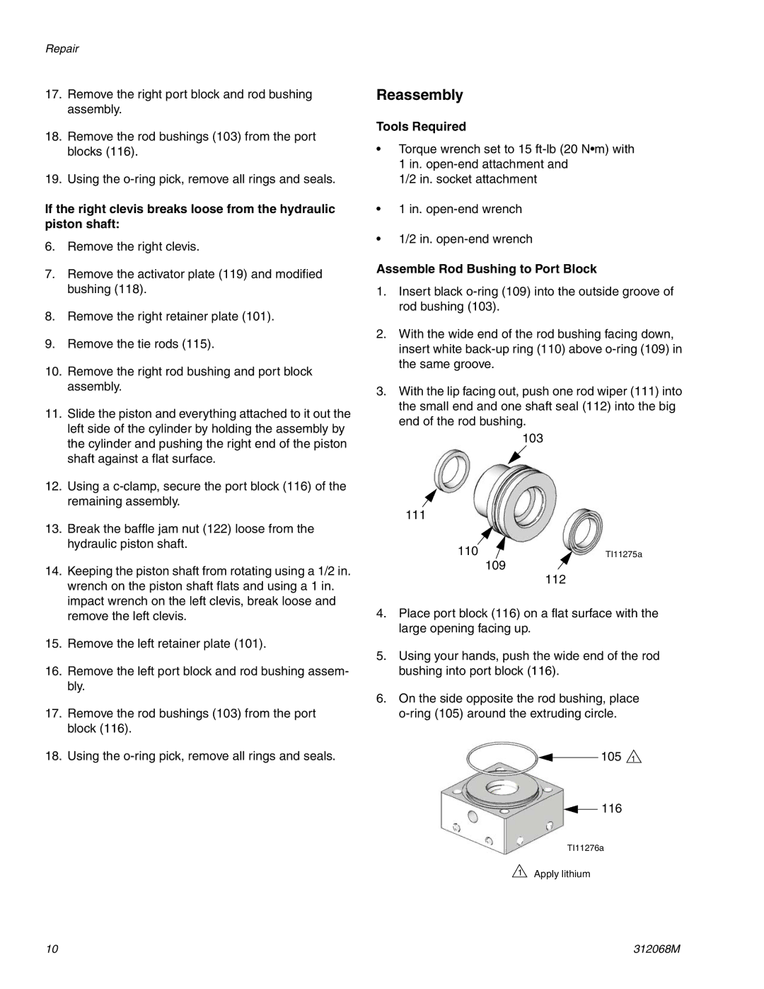 Graco 312068M important safety instructions Assemble Rod Bushing to Port Block 