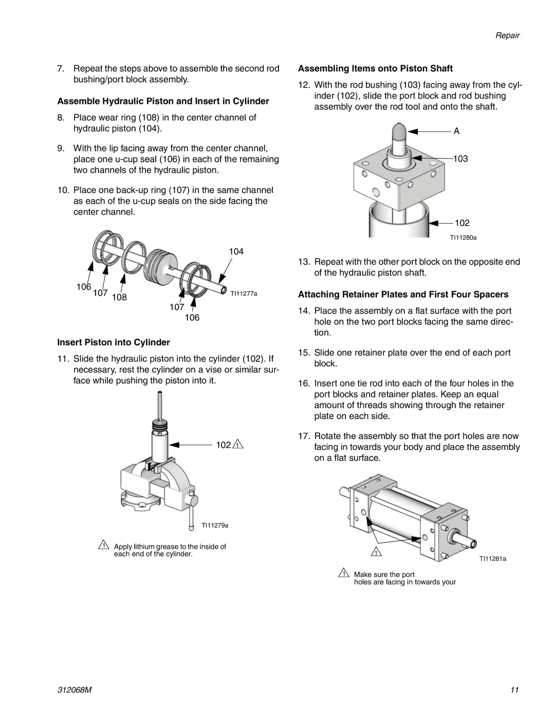 Graco 312068M important safety instructions Assemble Hydraulic Piston and Insert in Cylinder, Insert Piston into Cylinder 