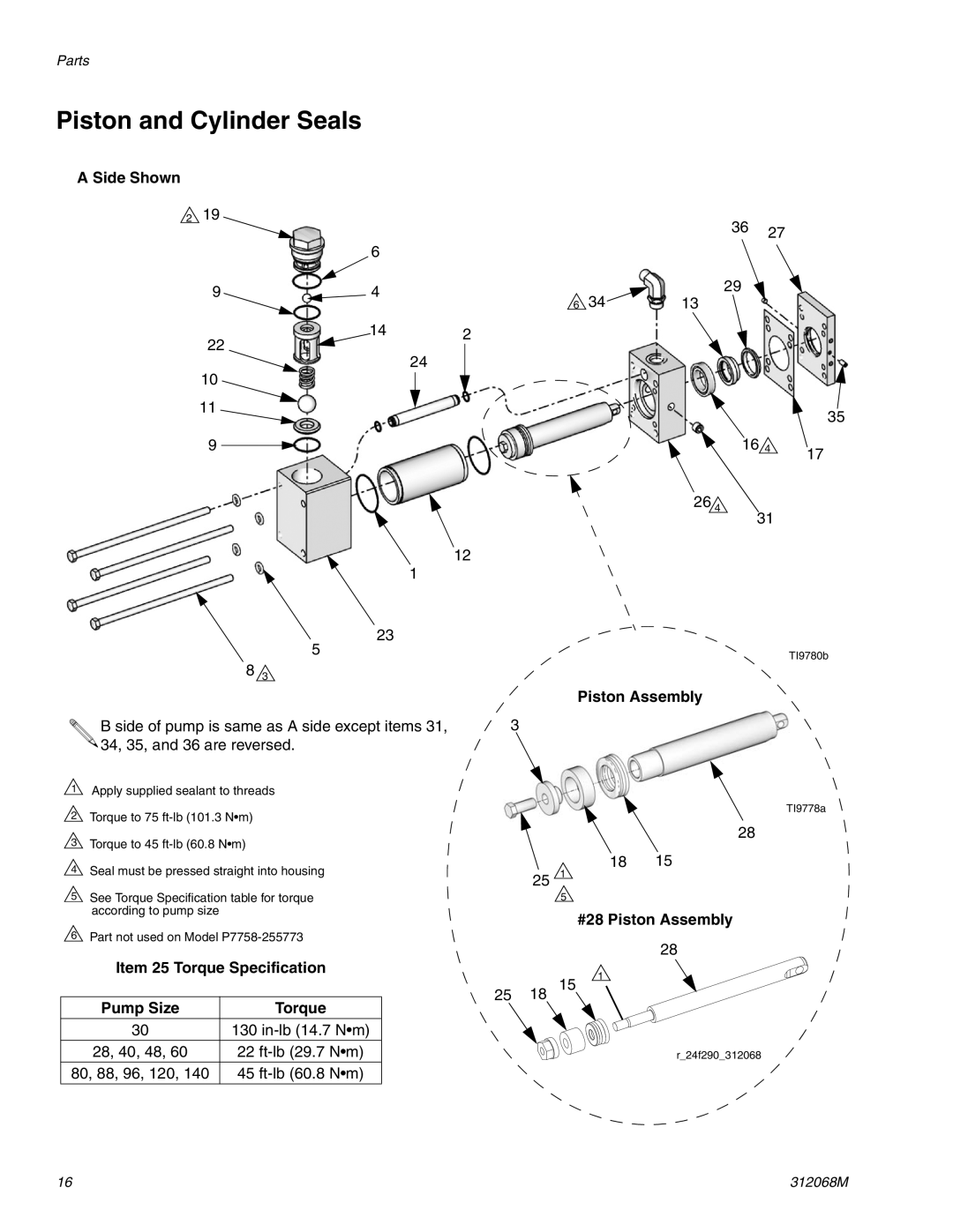 Graco 312068M important safety instructions Side Shown, #28 Piston Assembly Item 25 Torque Specification Pump Size 