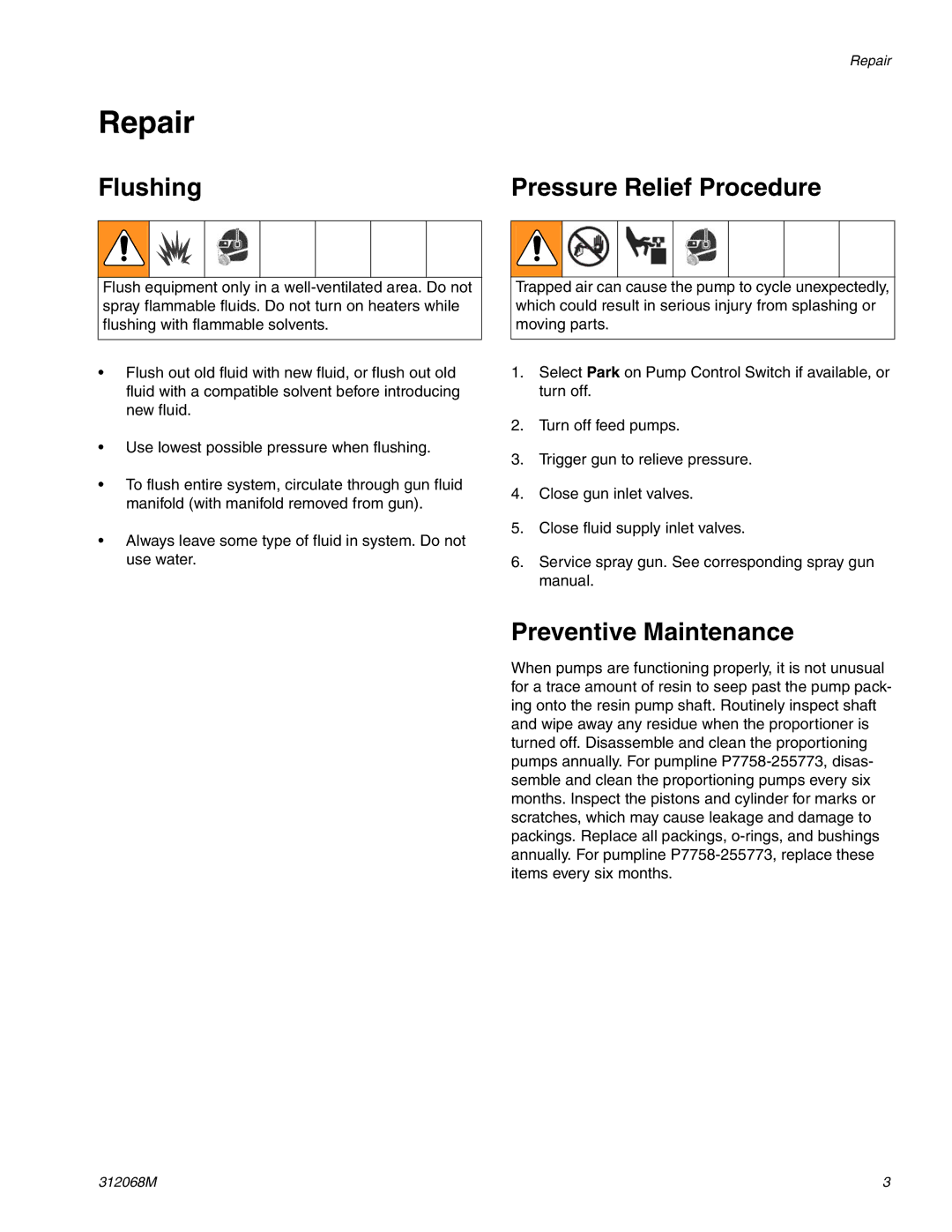 Graco 312068M important safety instructions Repair, Flushing, Pressure Relief Procedure, Preventive Maintenance 