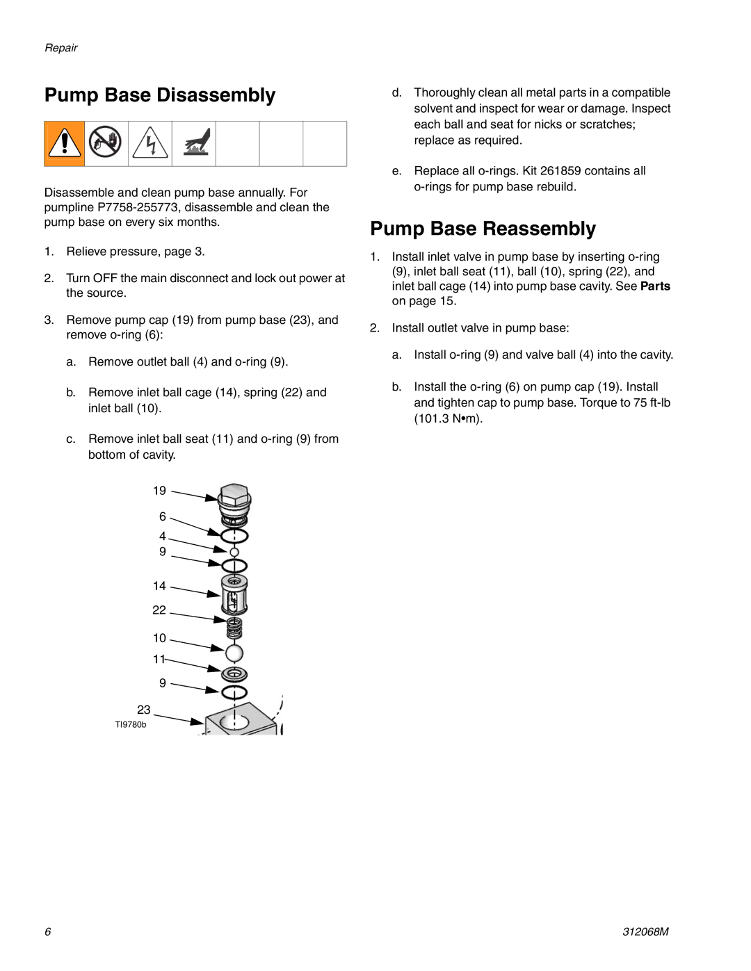 Graco 312068M important safety instructions Pump Base Disassembly, Pump Base Reassembly 