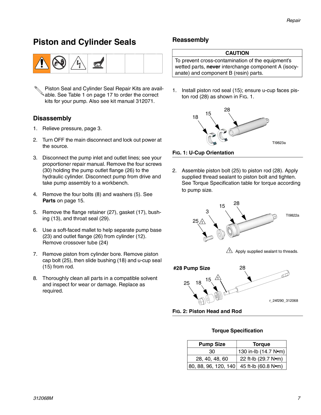 Graco 312068M important safety instructions Piston and Cylinder Seals, #28 Pump Size 