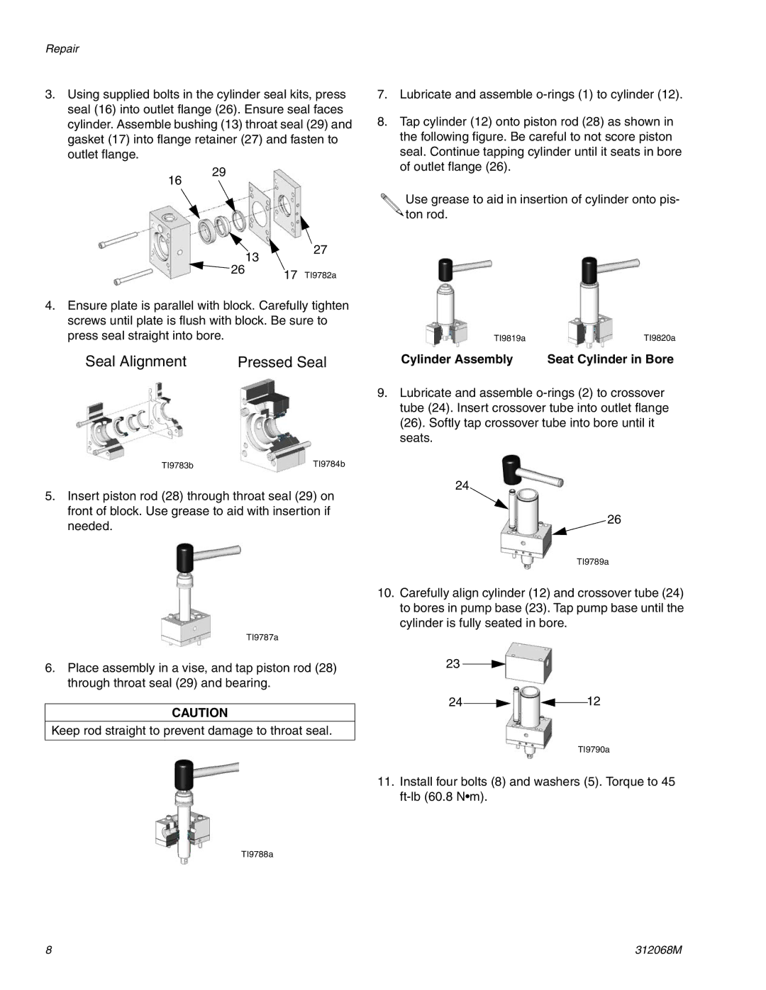 Graco 312068M important safety instructions Seal Alignment Pressed Seal, Cylinder Assembly Seat Cylinder in Bore 