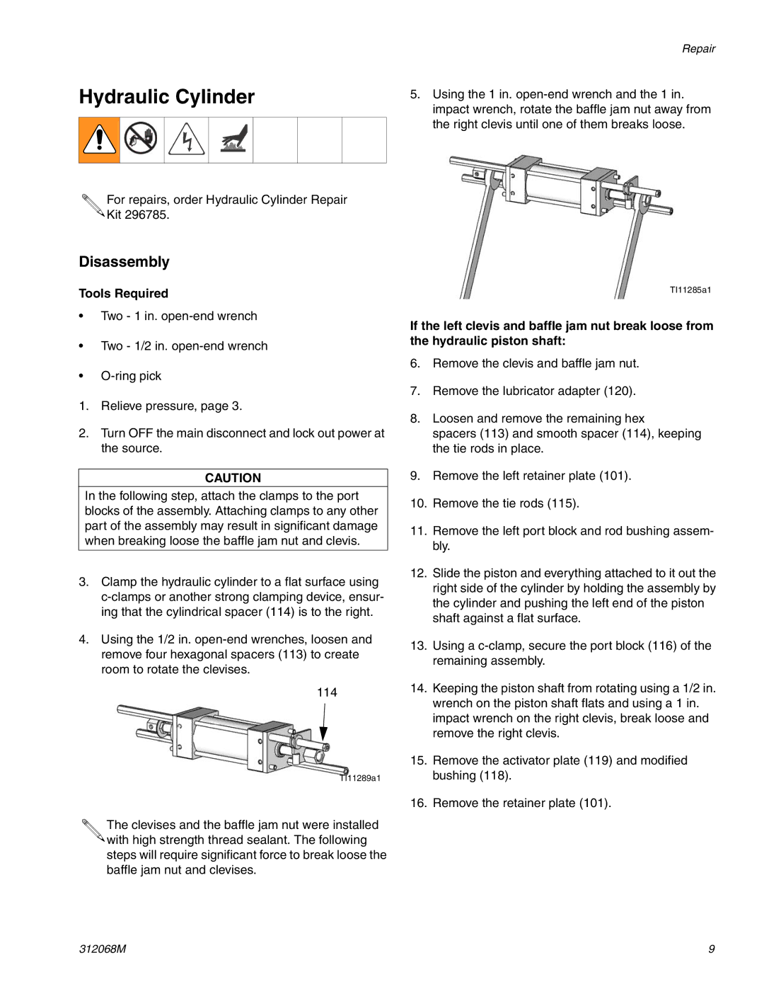 Graco 312068M important safety instructions Hydraulic Cylinder, Tools Required 