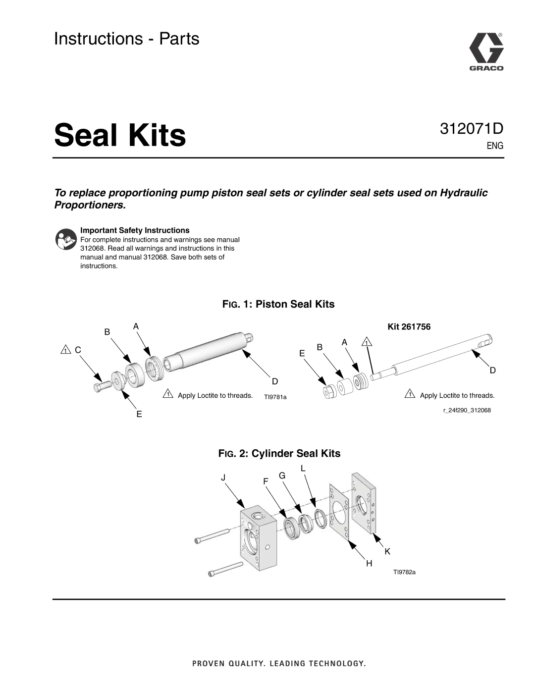 Graco 312071D important safety instructions Seal Kits, Jf G, Important Safety Instructions 