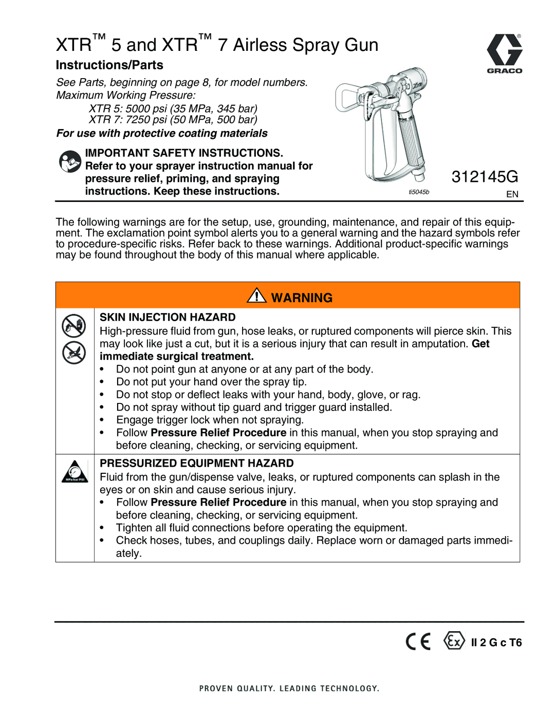 Graco 312145G important safety instructions Instructions/Parts, Skin Injection Hazard, Immediate surgical treatment 