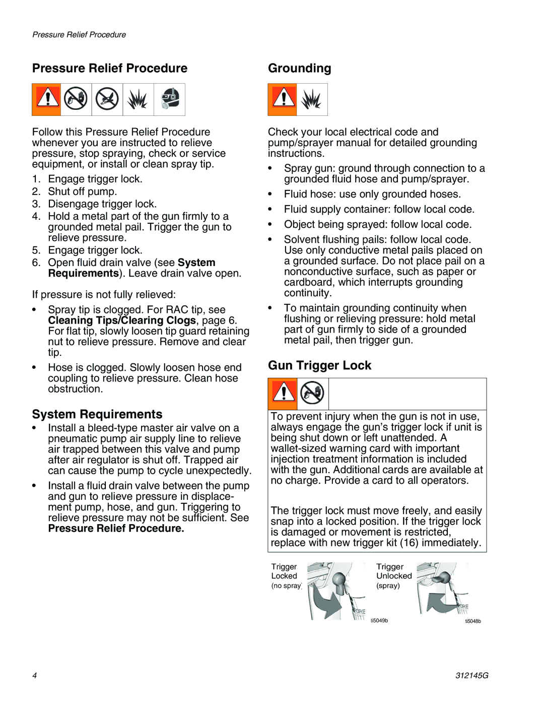 Graco 312145G important safety instructions Pressure Relief Procedure, System Requirements, Grounding, Gun Trigger Lock 