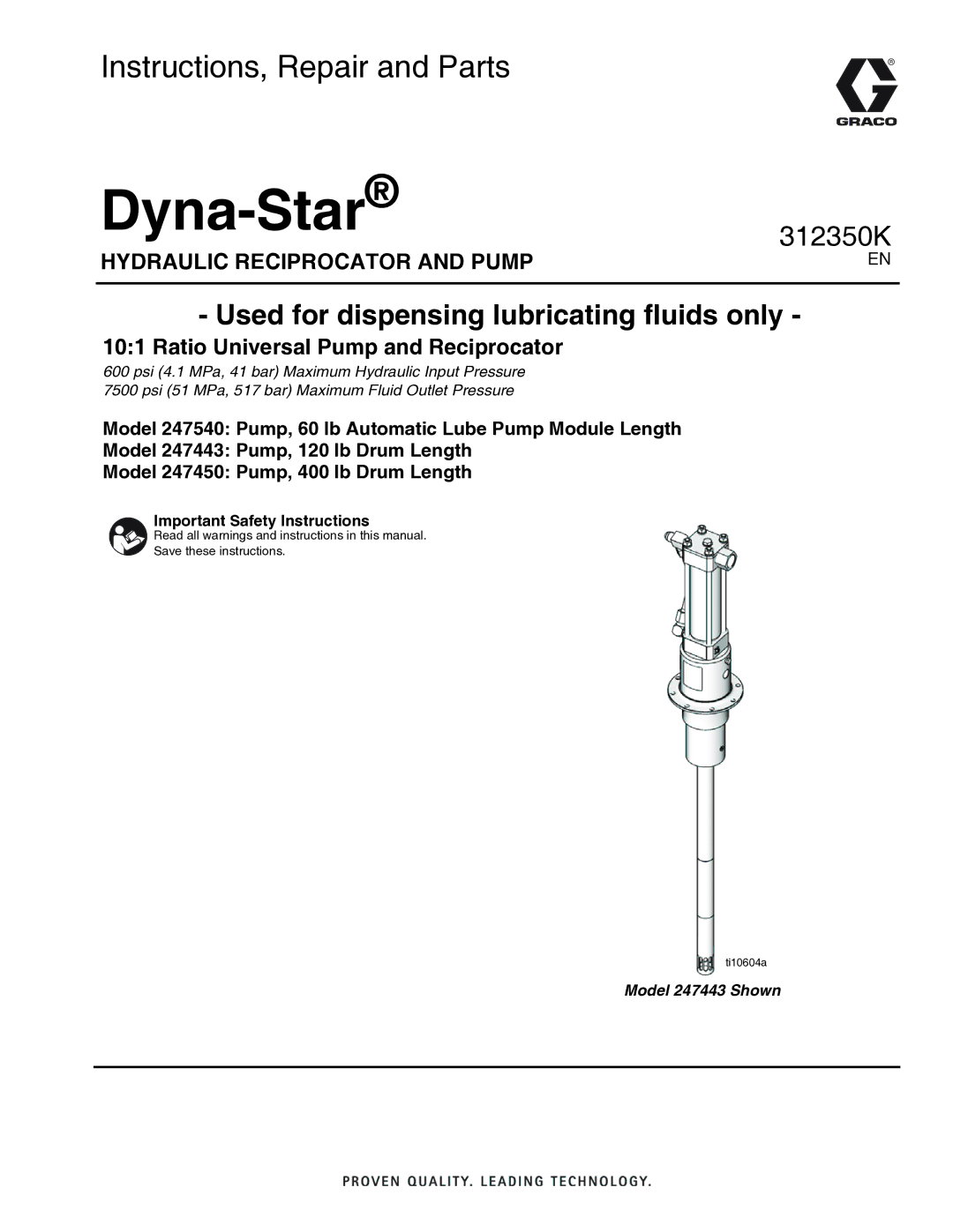 Graco 312350K important safety instructions Dyna-Star, Important Safety Instructions 