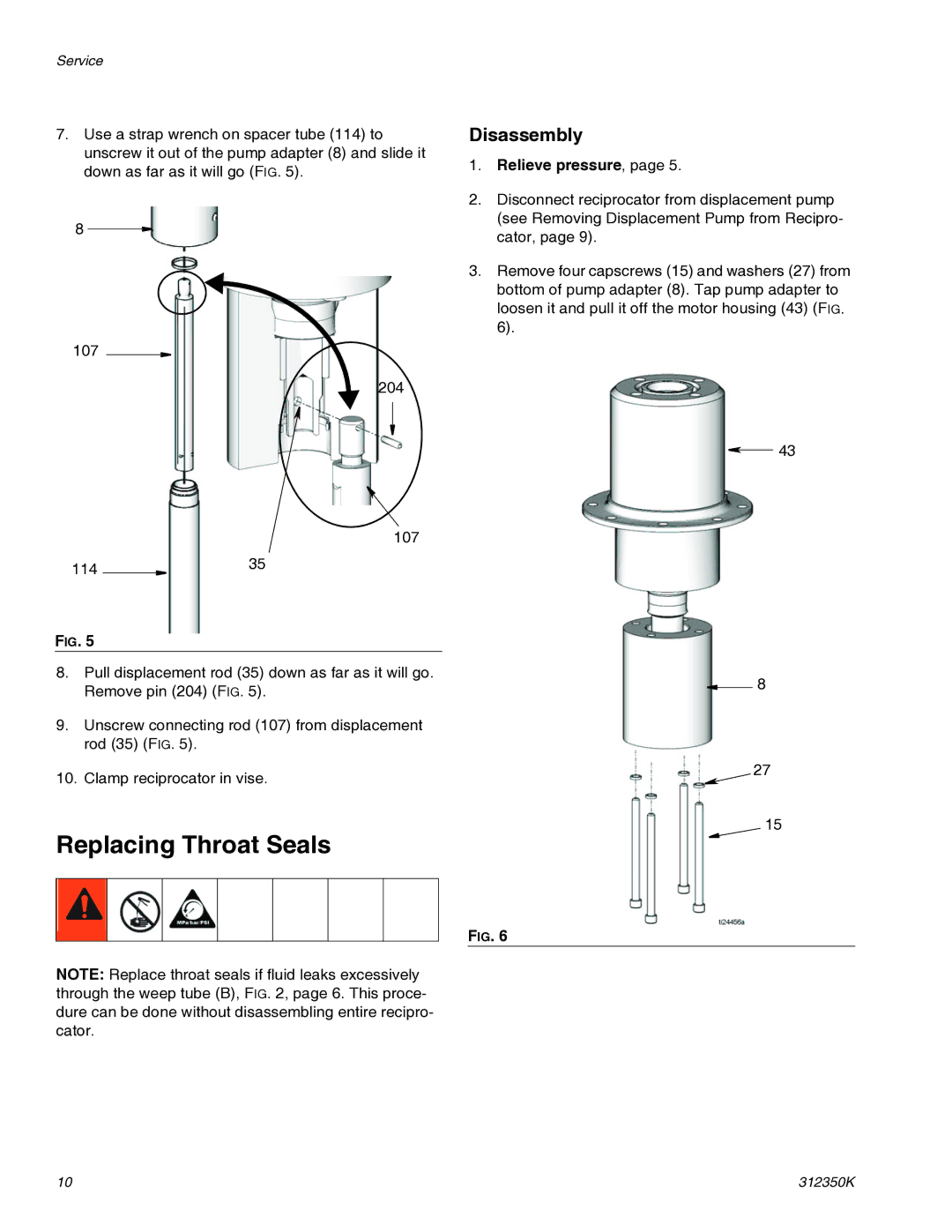 Graco 312350K important safety instructions Replacing Throat Seals 