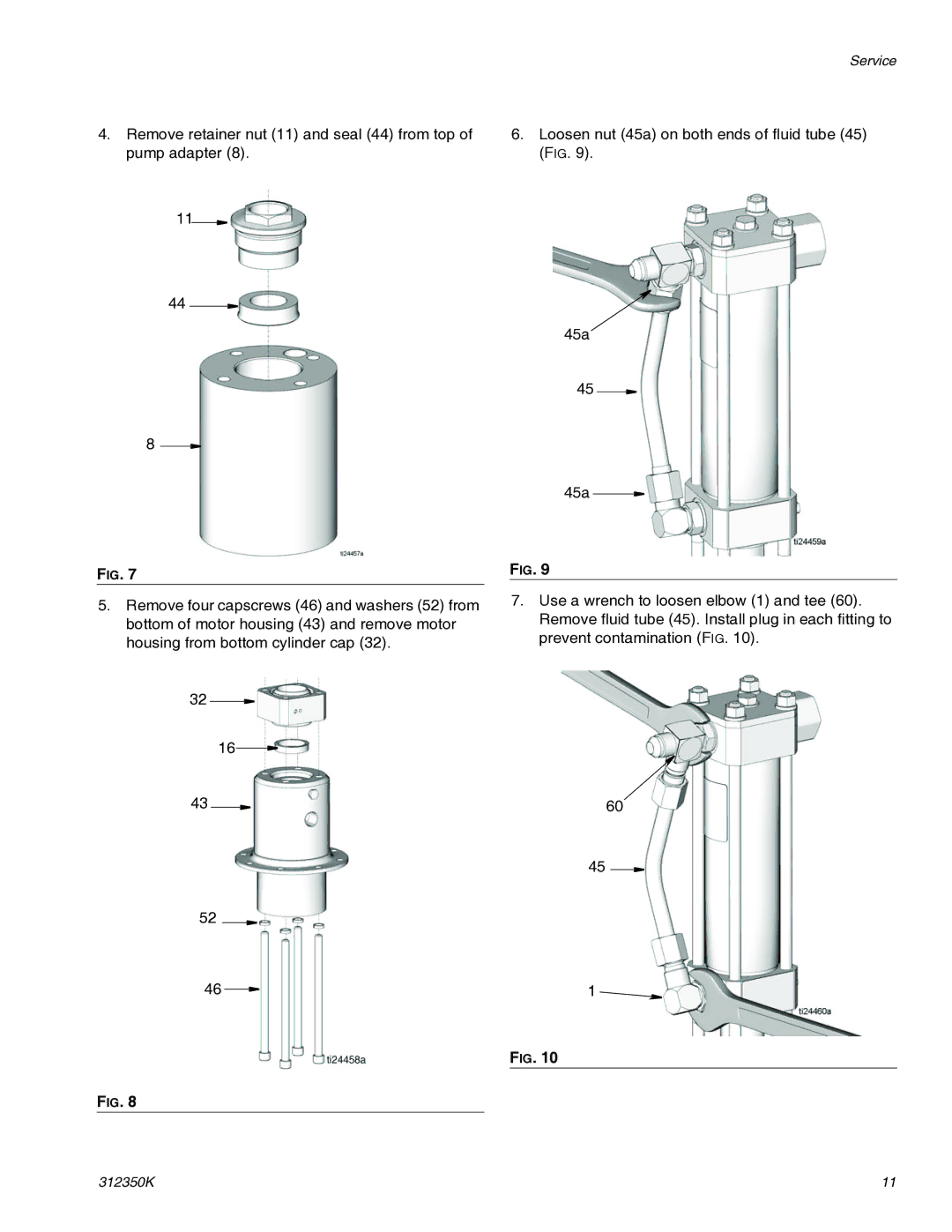 Graco 312350K important safety instructions Remove retainer nut 11 and seal 44 from top of pump adapter 