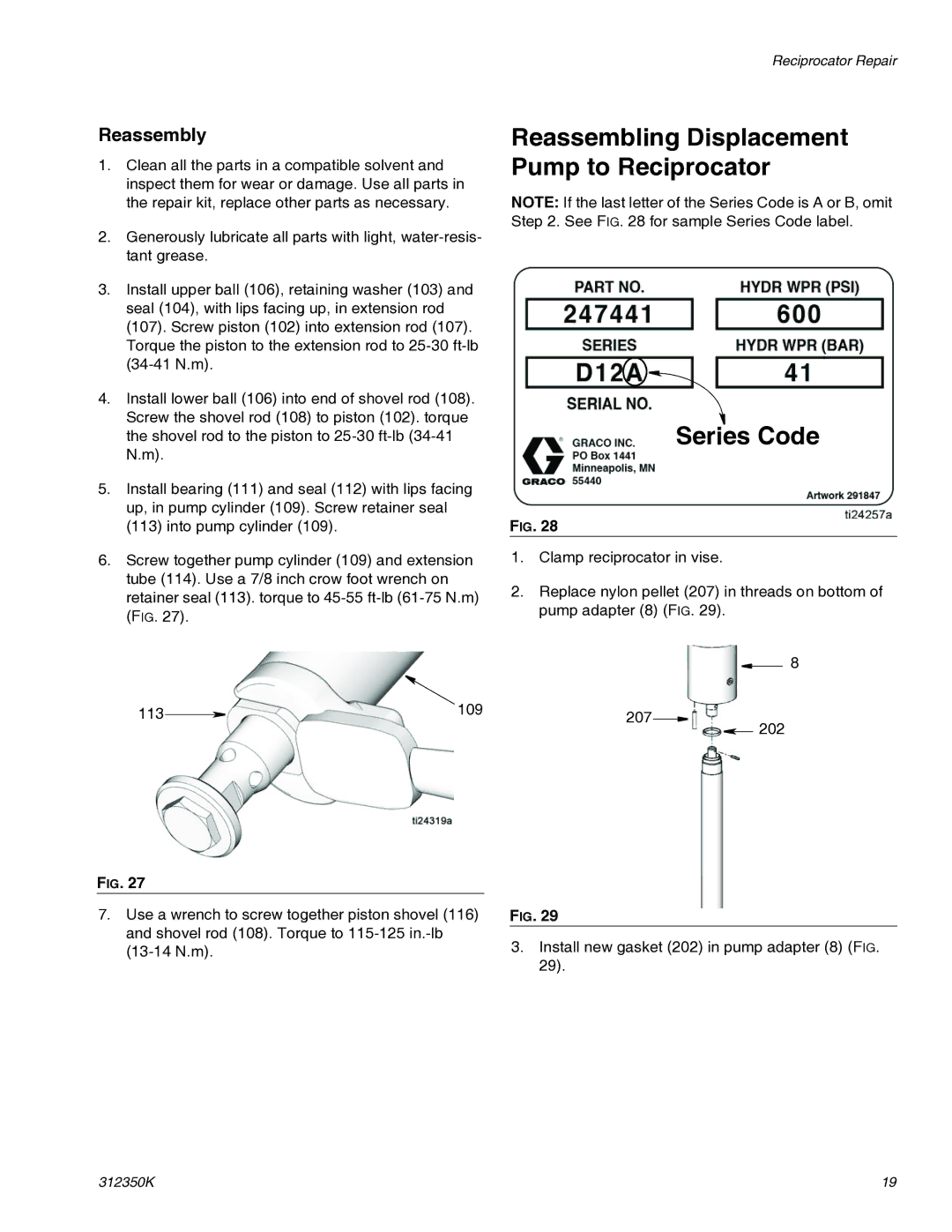 Graco 312350K important safety instructions Reassembling Displacement Pump to Reciprocator Series Code 