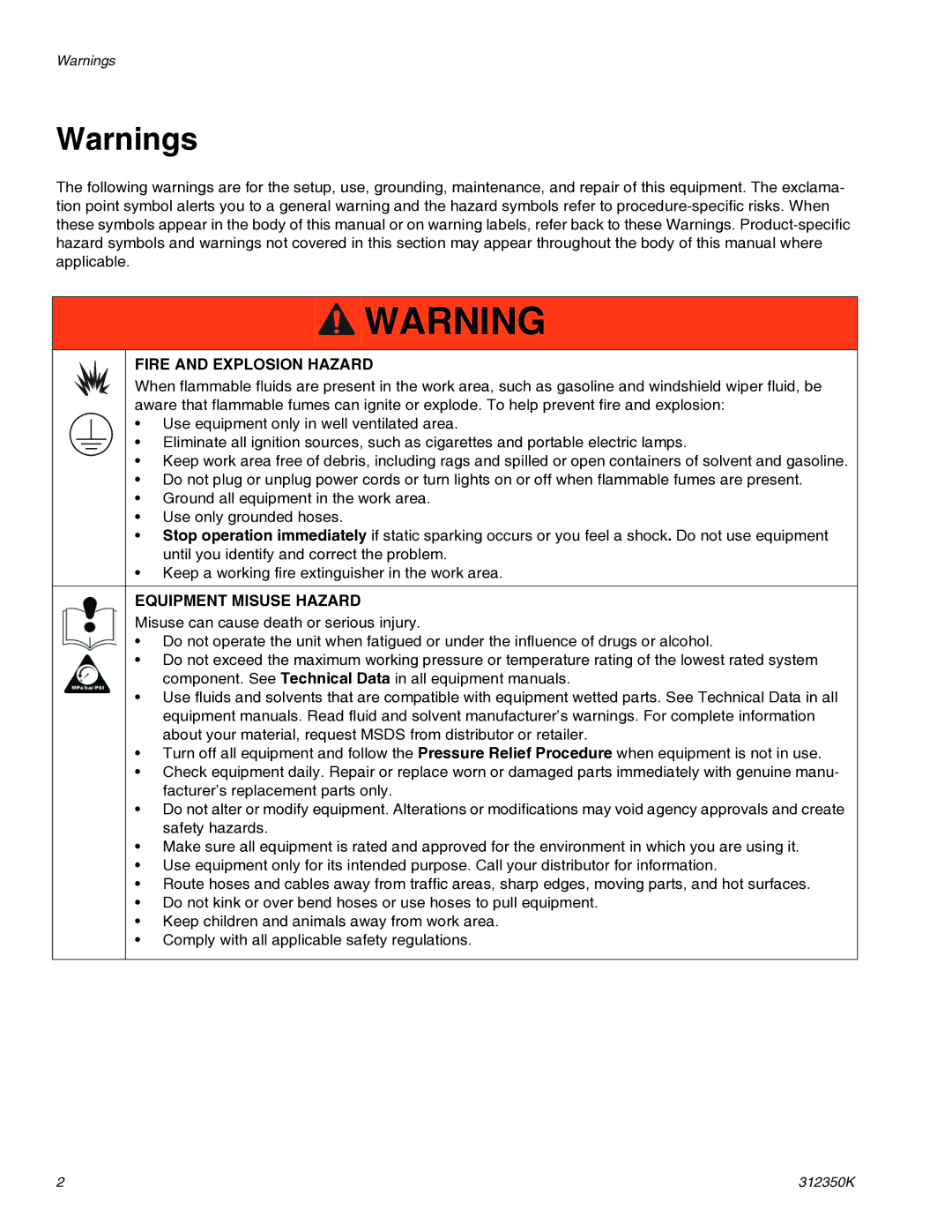 Graco 312350K important safety instructions Fire and Explosion Hazard 