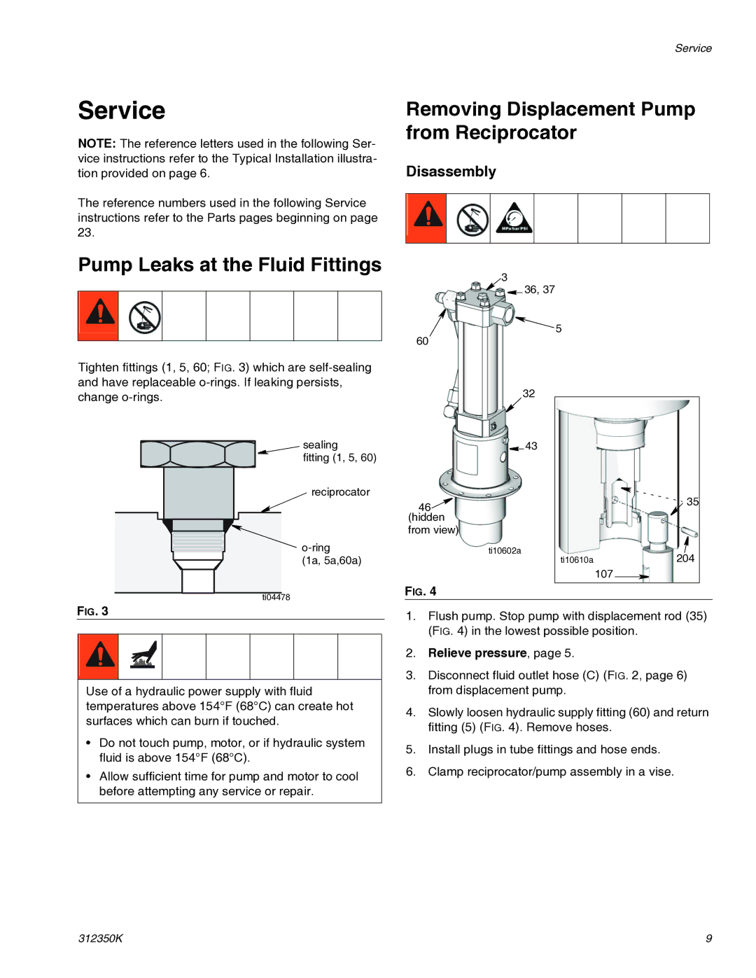 Graco 312350K Service, Removing Displacement Pump from Reciprocator, Pump Leaks at the Fluid Fittings, Relieve pressure 