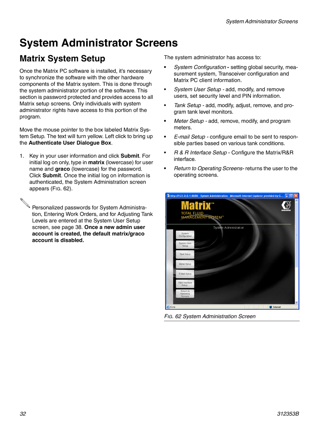 Graco 312353B instruction manual System Administrator Screens, Matrix System Setup 