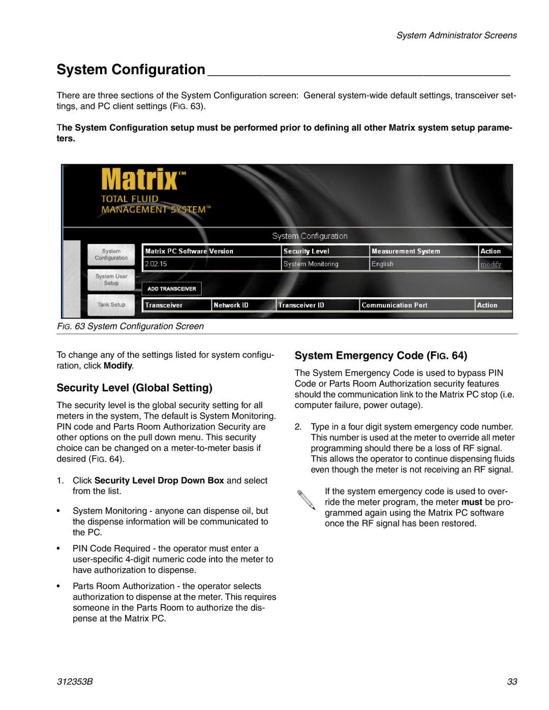Graco 312353B instruction manual System Configuration, Security Level Global Setting, System Emergency Code FIG 