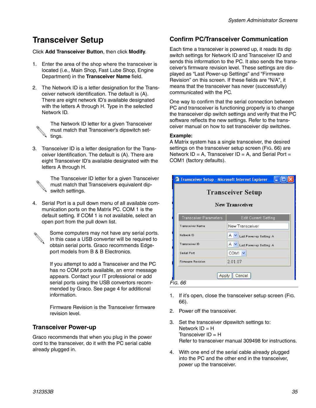 Graco 312353B instruction manual Transceiver Setup, Transceiver Power-up, Confirm PC/Transceiver Communication, Example 