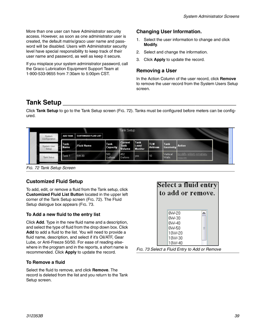 Graco 312353B instruction manual Tank Setup, Changing User Information, Removing a User, Customized Fluid Setup 