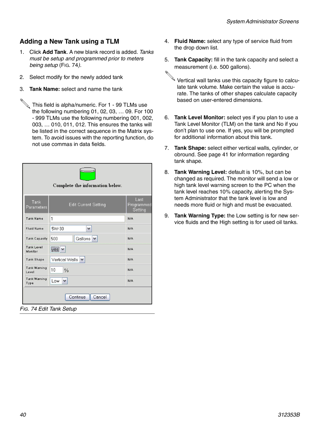 Graco instruction manual Adding a New Tank using a TLM, Edit Tank Setup 312353B 