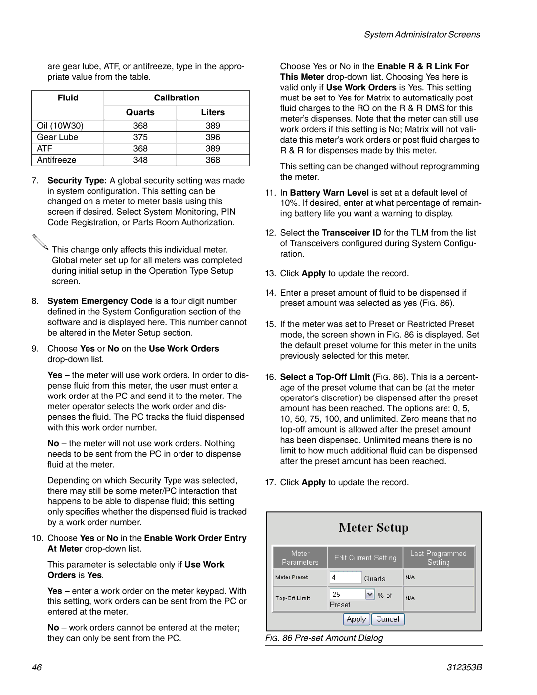 Graco 312353B instruction manual Fluid Calibration Quarts Liters, Choose Yes or No on the Use Work Orders drop-down list 