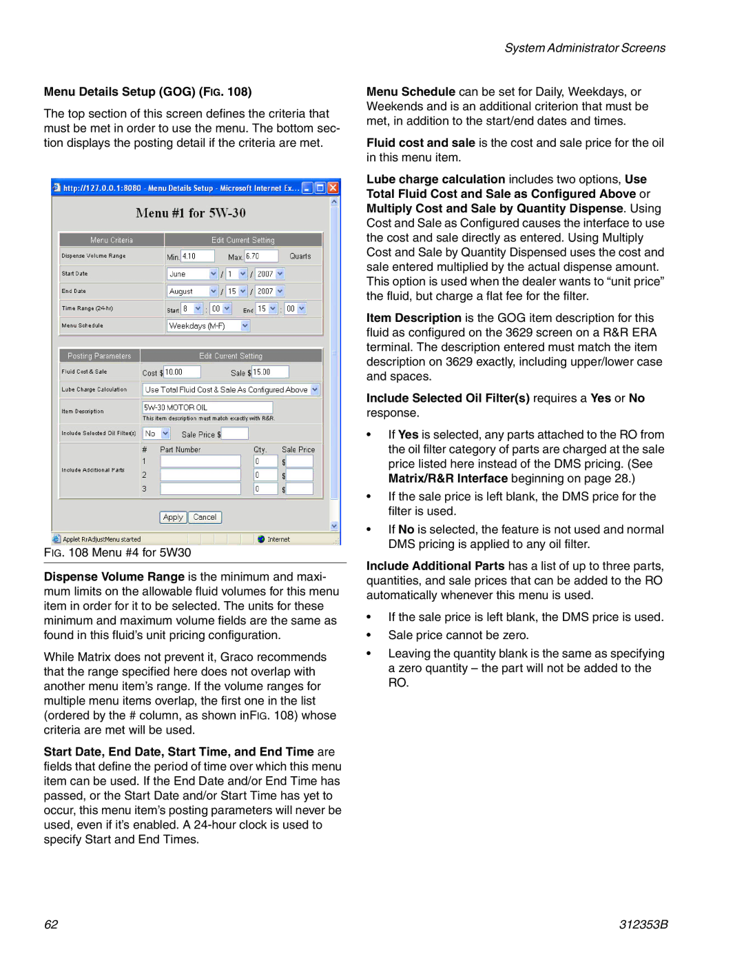 Graco 312353B instruction manual Menu Details Setup GOG FIG, Include Selected Oil Filters requires a Yes or No response 