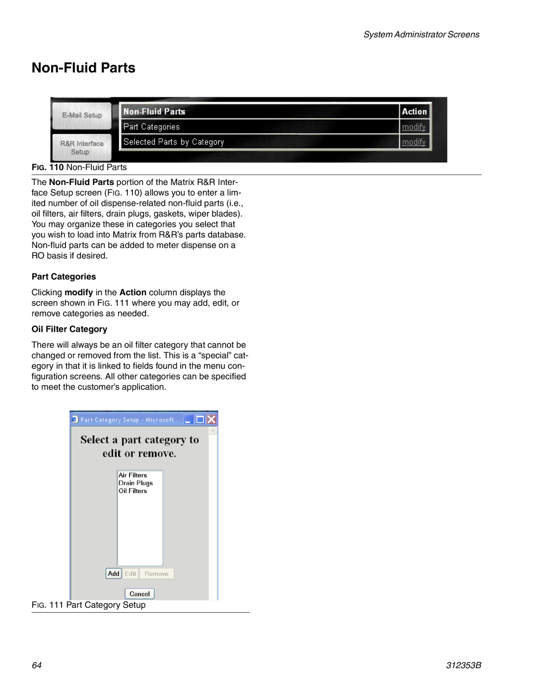 Graco 312353B instruction manual Non-Fluid Parts, Part Categories, Oil Filter Category 