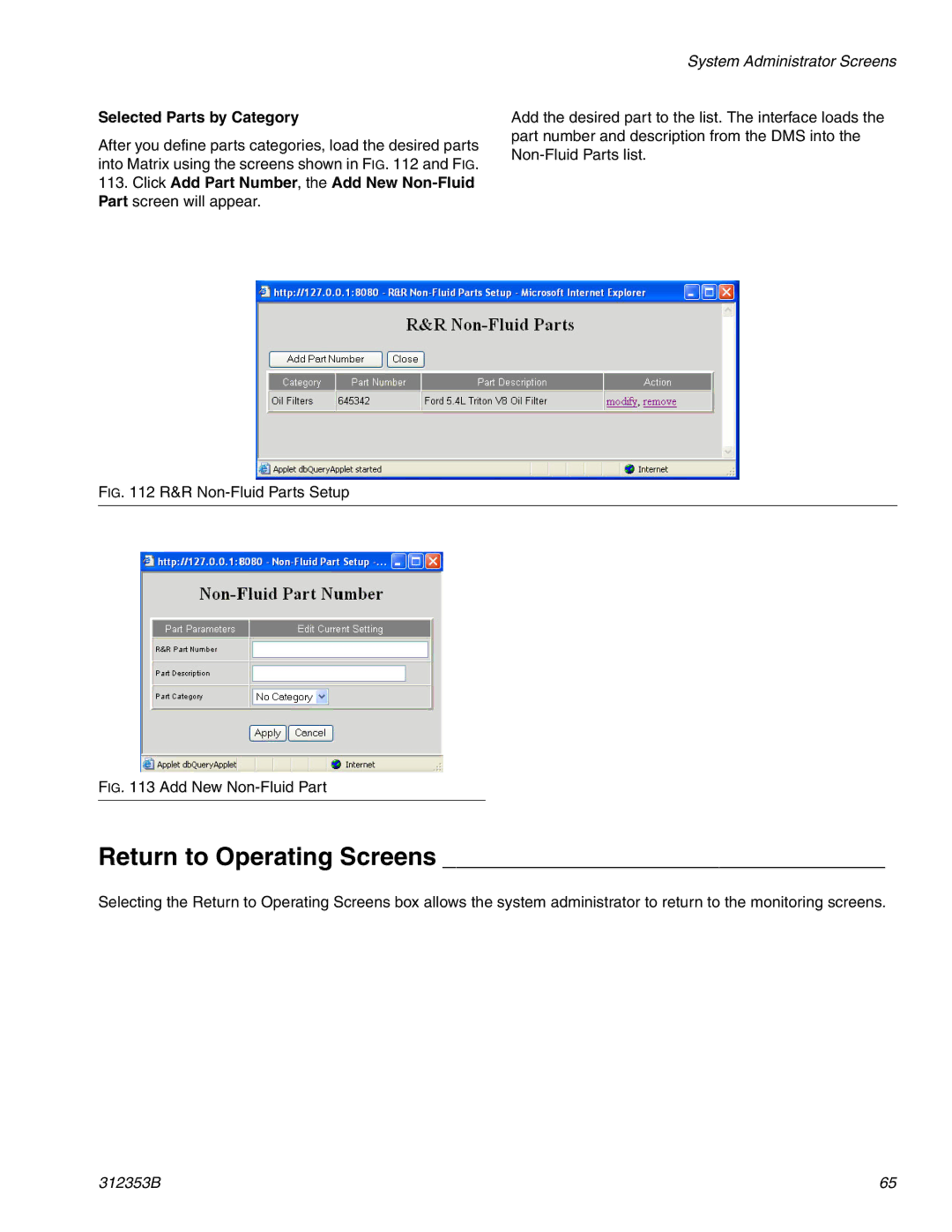 Graco 312353B instruction manual Return to Operating Screens, Selected Parts by Category 