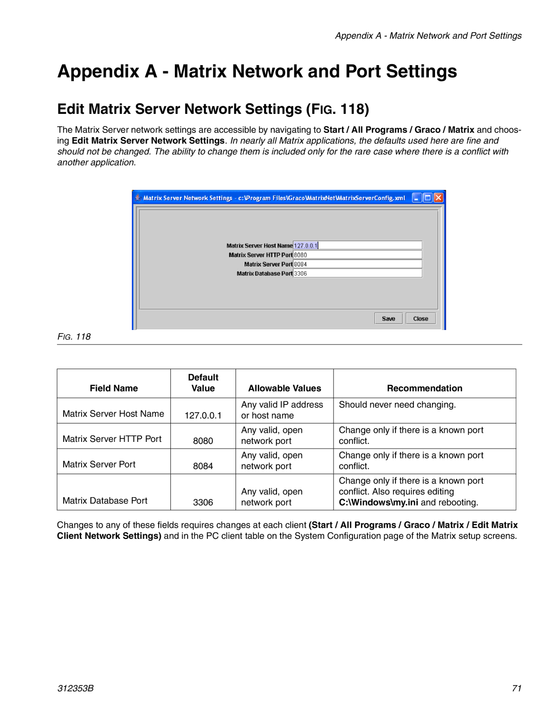 Graco 312353B Appendix a Matrix Network and Port Settings, Edit Matrix Server Network Settings FIG, Default Field Name 
