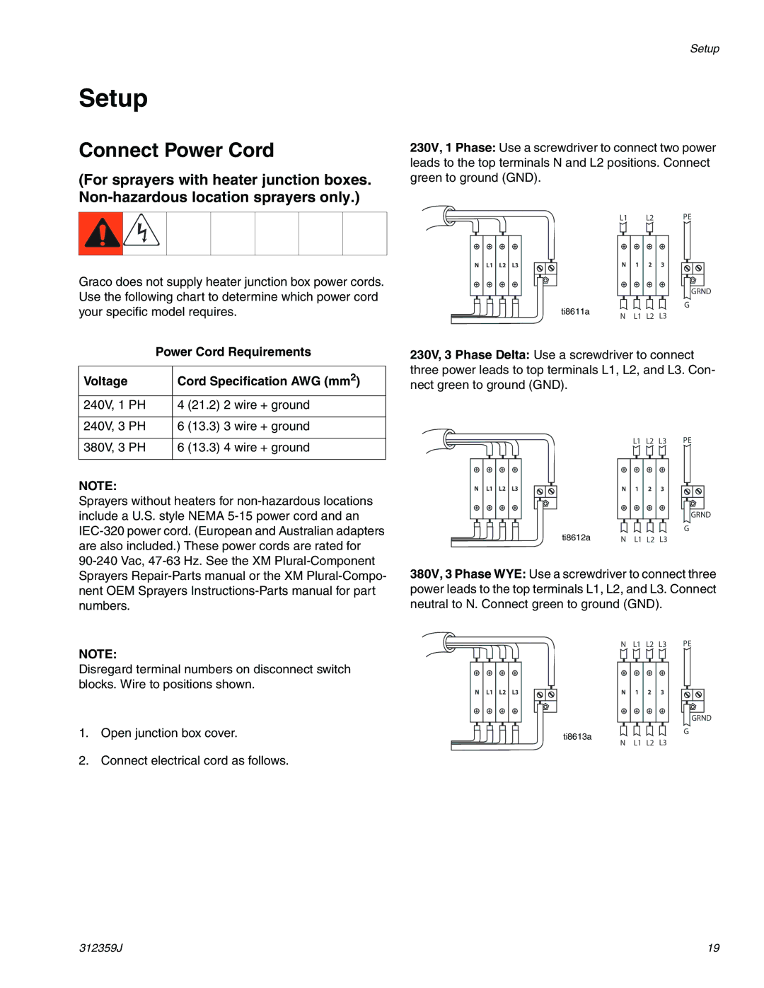 Graco 312359J important safety instructions Setup, Connect Power Cord, Power Cord Requirements 