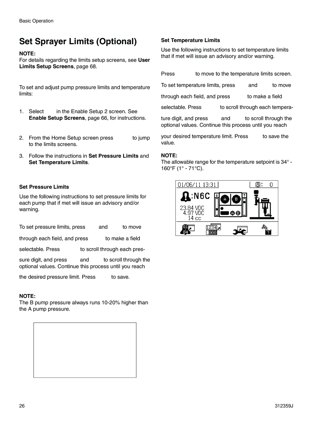 Graco 312359J important safety instructions Set Sprayer Limits Optional, Set Pressure Limits, Set Temperature Limits 