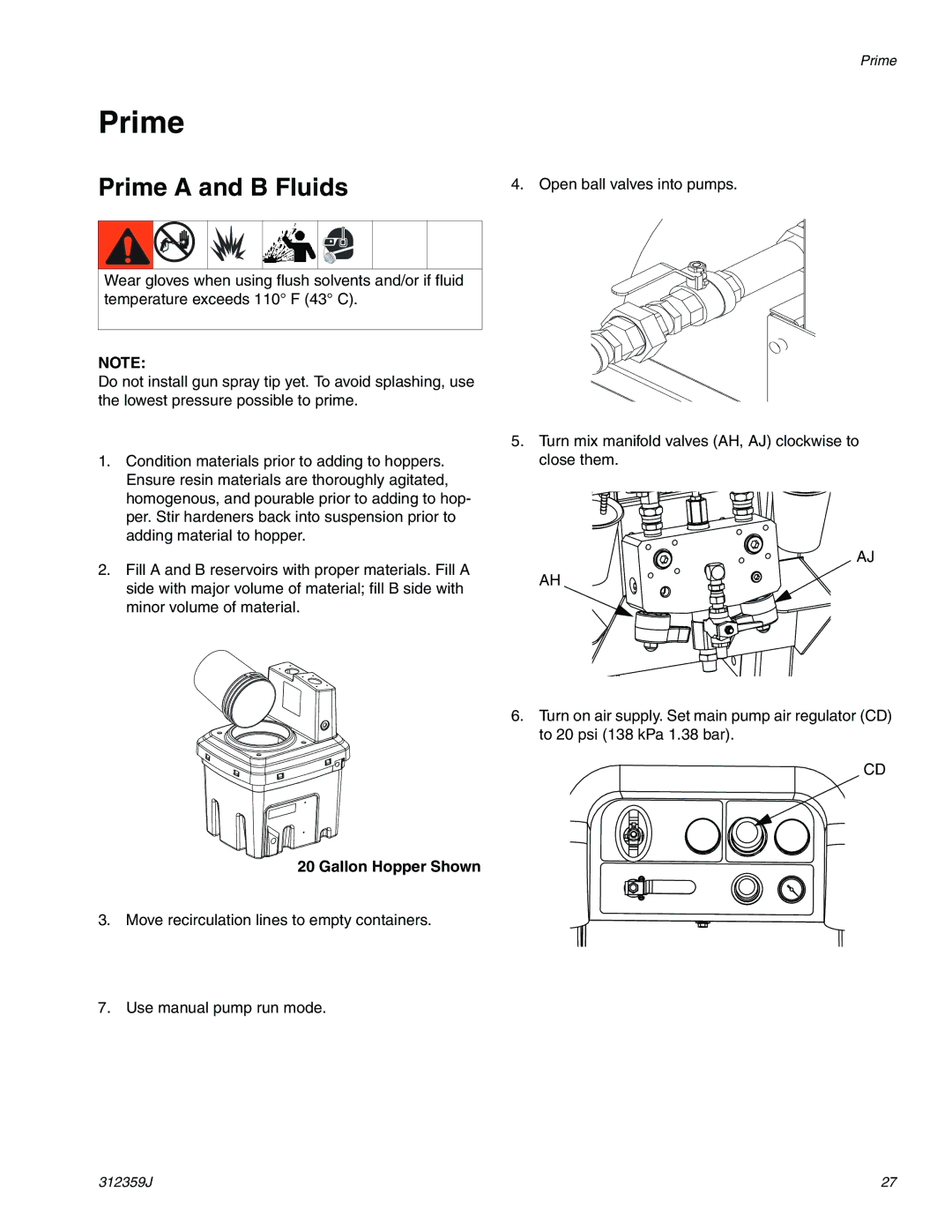 Graco 312359J important safety instructions Prime a and B Fluids, Gallon Hopper Shown 