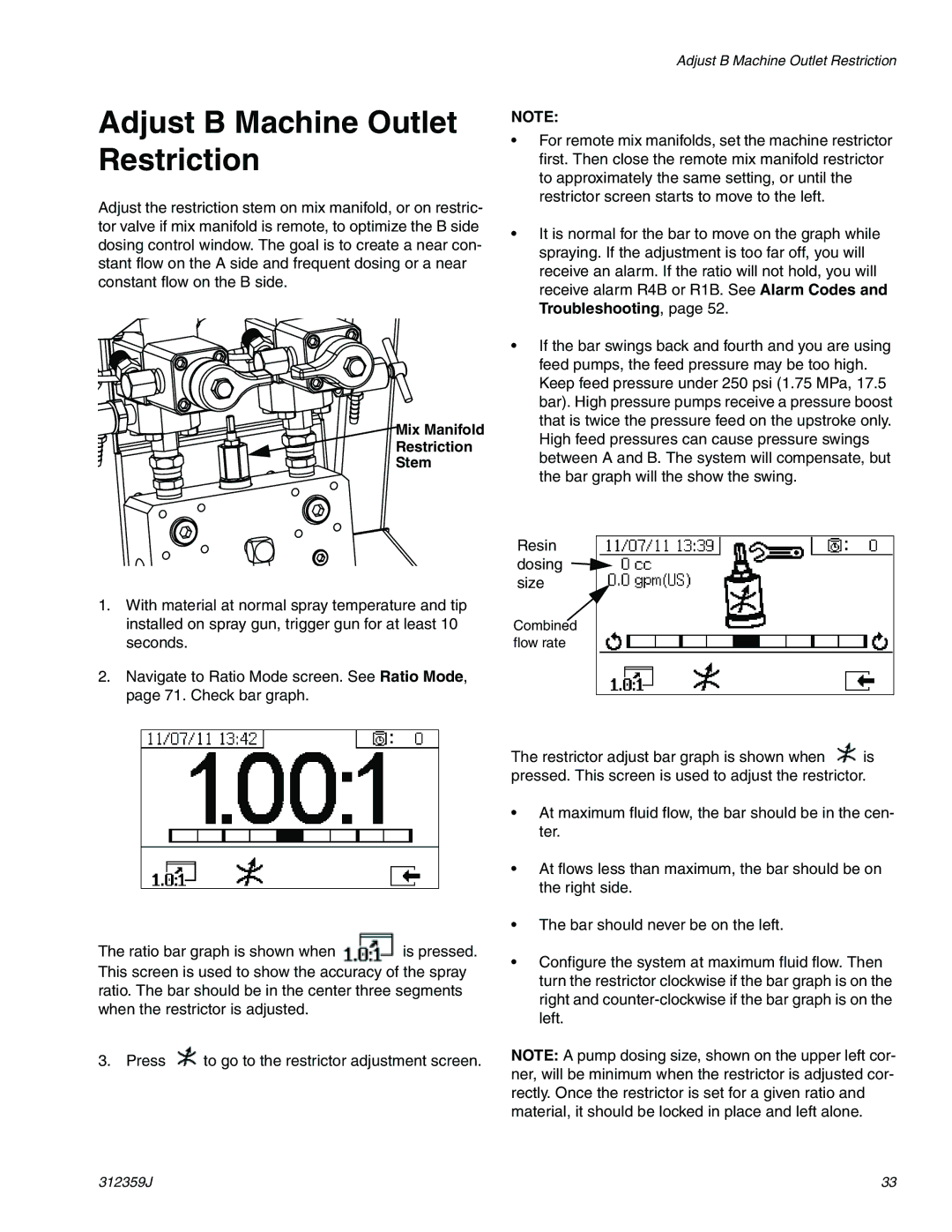 Graco 312359J important safety instructions Adjust B Machine Outlet Restriction, Mix Manifold Restriction Stem 