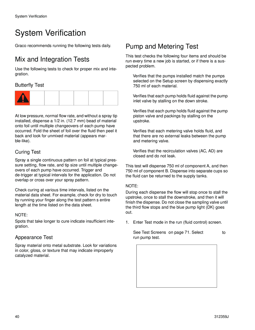 Graco 312359J important safety instructions System Verification, Mix and Integration Tests, Pump and Metering Test 