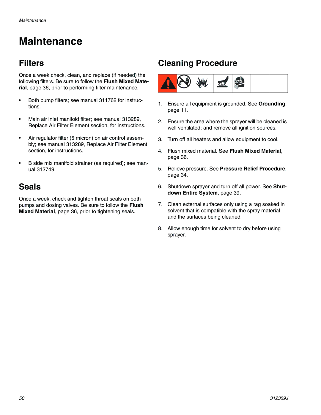 Graco 312359J important safety instructions Maintenance, Filters, Seals, Cleaning Procedure 