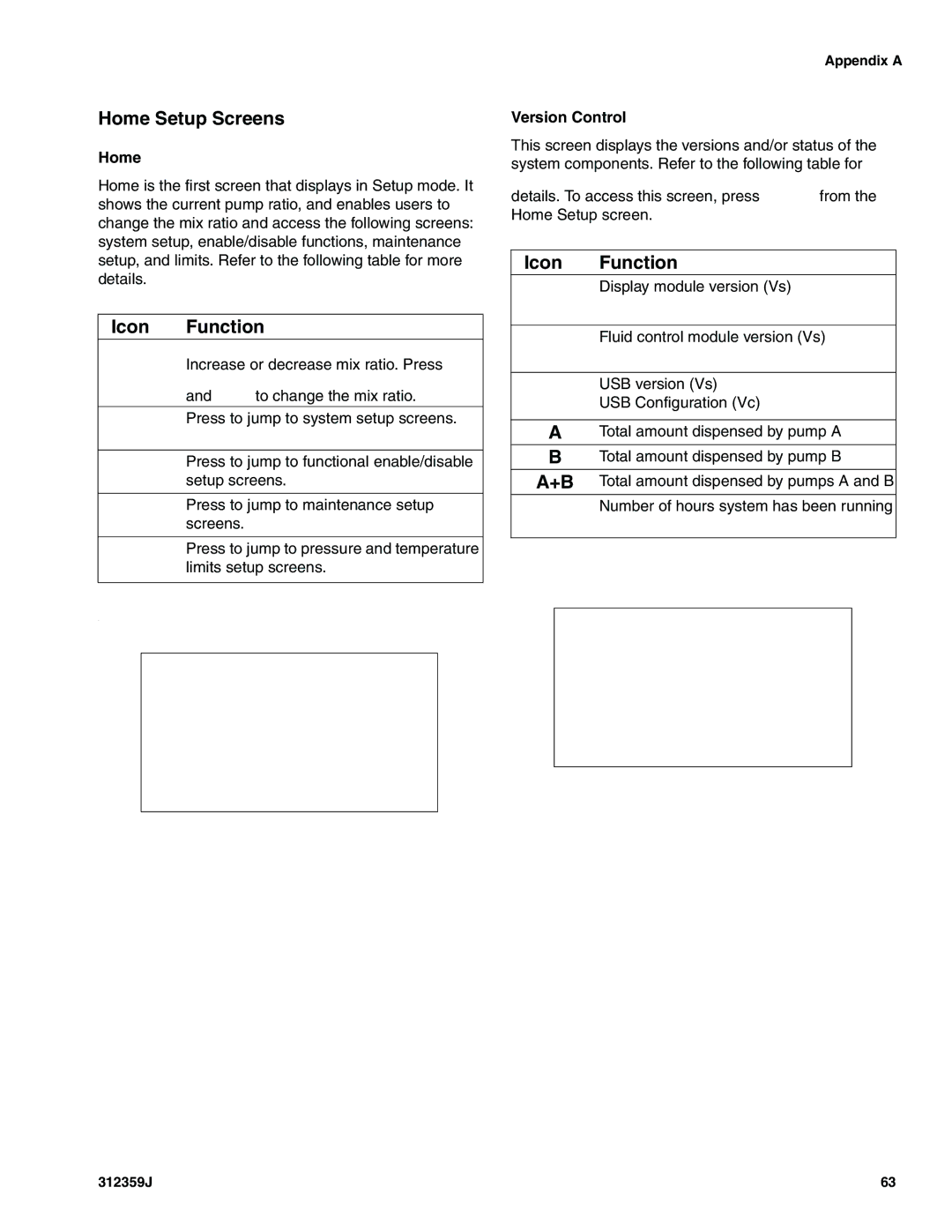 Graco 312359J important safety instructions Home Setup Screens, Icon Function 