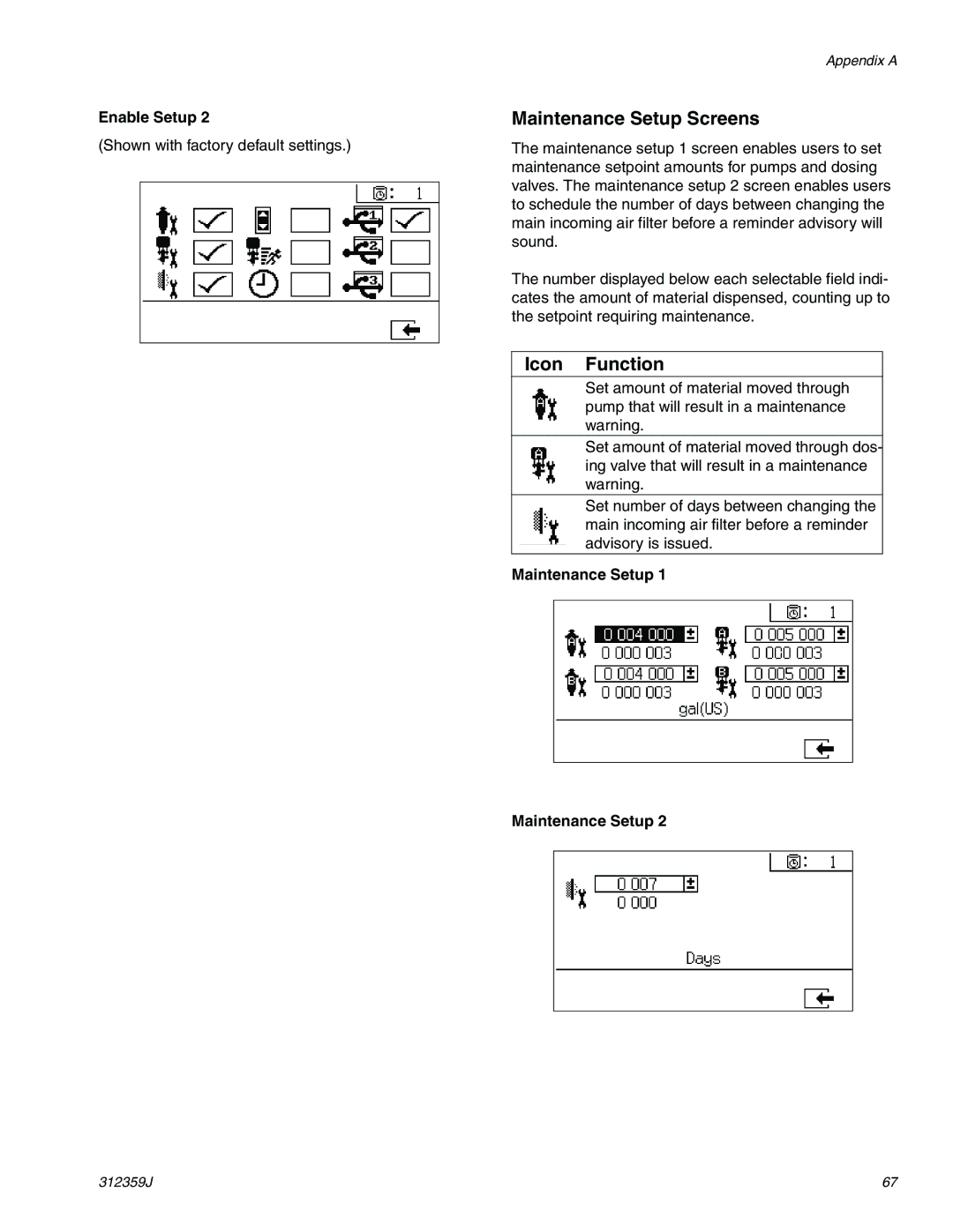 Graco 312359J important safety instructions Maintenance Setup Screens 