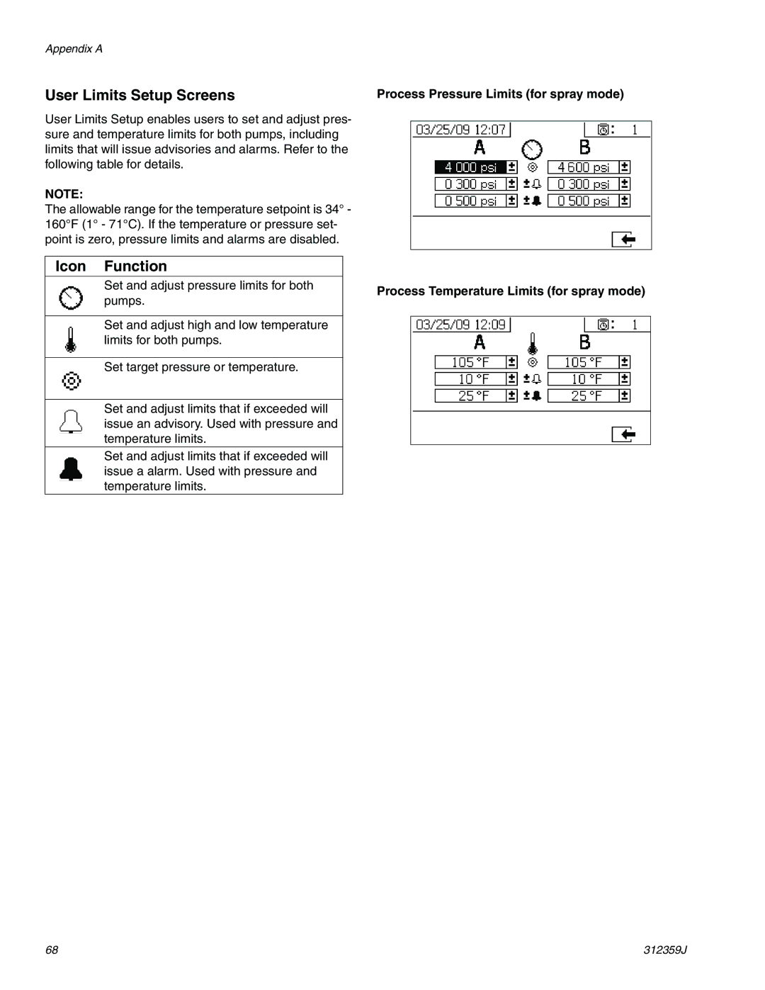 Graco 312359J User Limits Setup Screens, Process Pressure Limits for spray mode, Process Temperature Limits for spray mode 