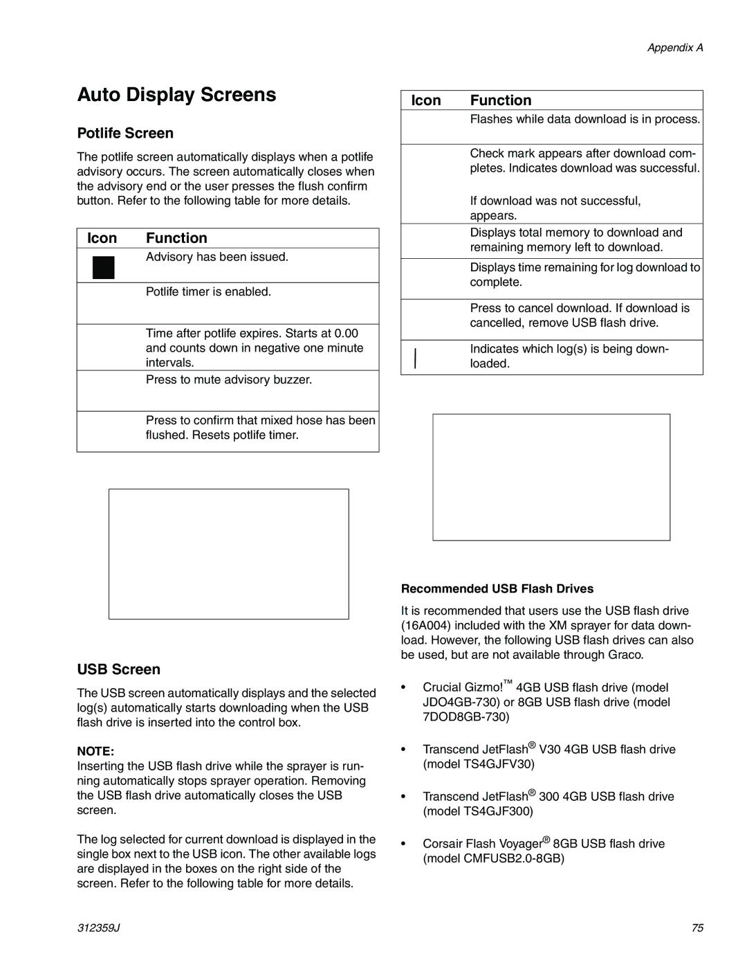 Graco 312359J important safety instructions Auto Display Screens, Potlife Screen, USB Screen, Recommended USB Flash Drives 