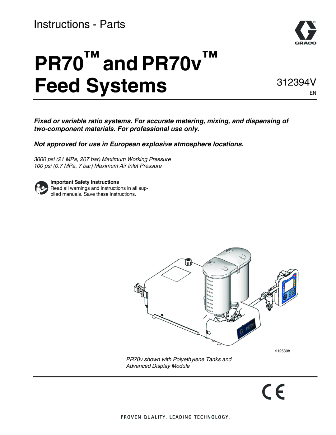 Graco 312394V important safety instructions PR70 and PR70v Feed Systems 