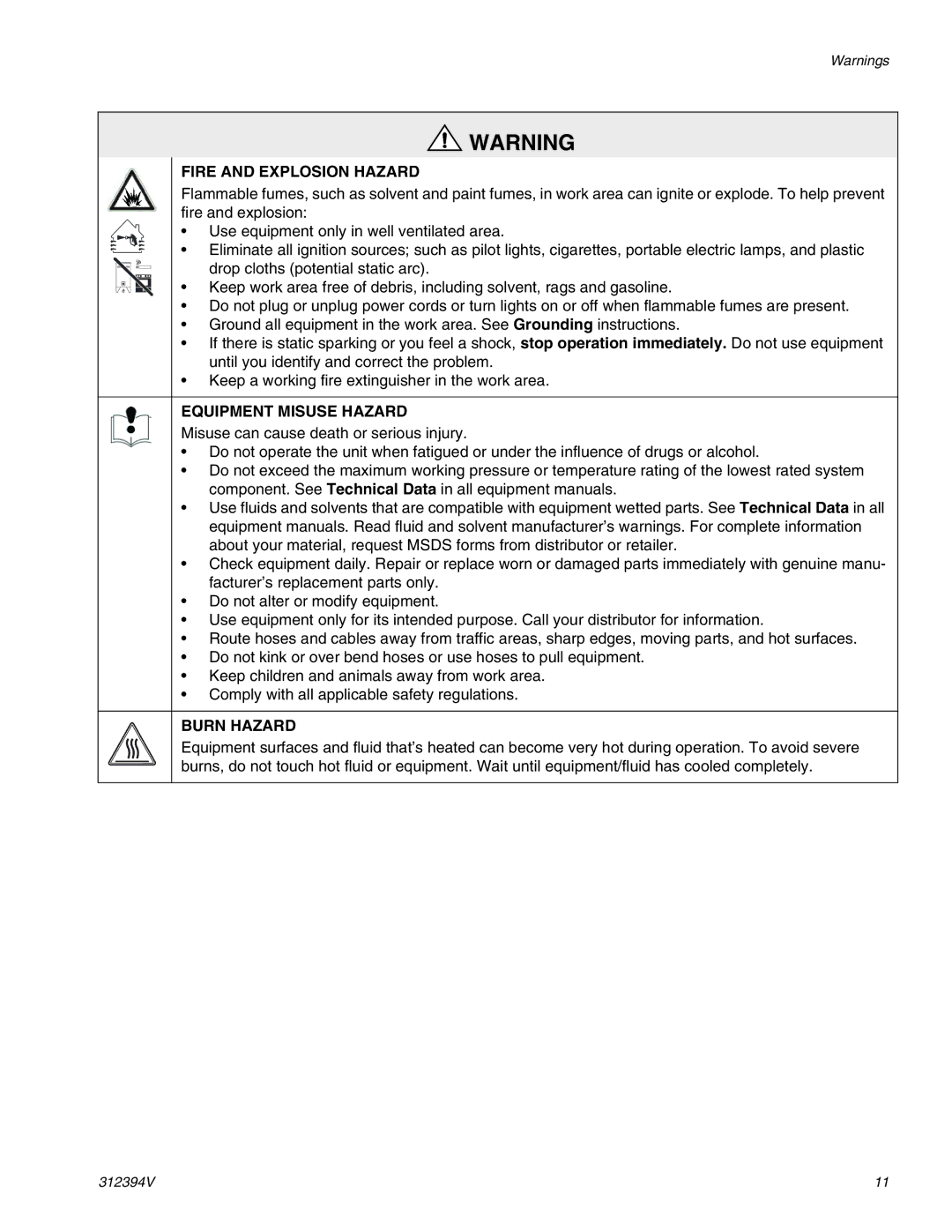 Graco 312394V important safety instructions Fire and Explosion Hazard 