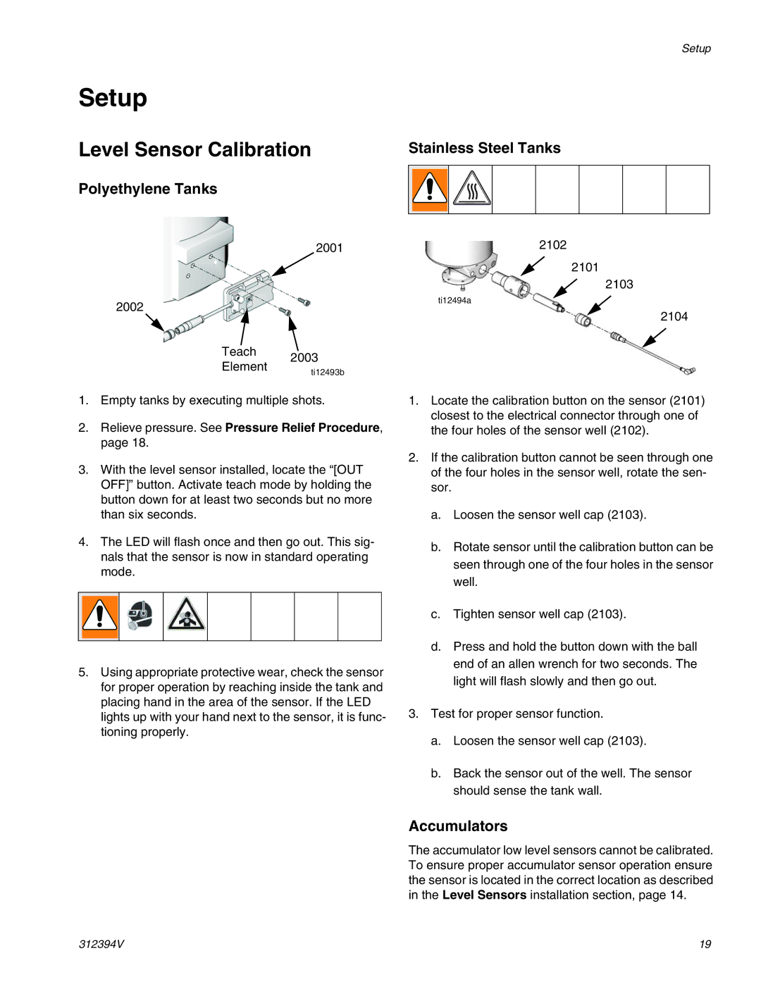 Graco 312394V important safety instructions Setup, Level Sensor Calibration, Stainless Steel Tanks Polyethylene Tanks 