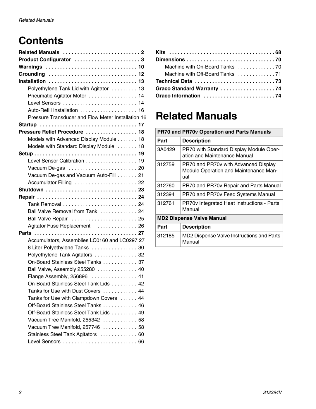 Graco 312394V important safety instructions Contents, Related Manuals 