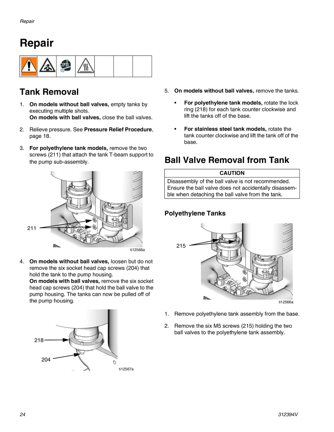 Graco 312394V important safety instructions Repair, Tank Removal, Ball Valve Removal from Tank 