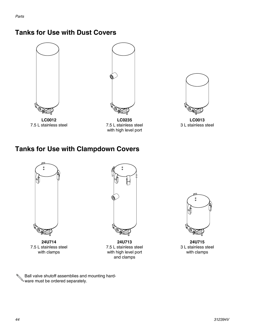 Graco 312394V Tanks for Use with Dust Covers, Tanks for Use with Clampdown Covers, LC0012 LC0235 LC0013 