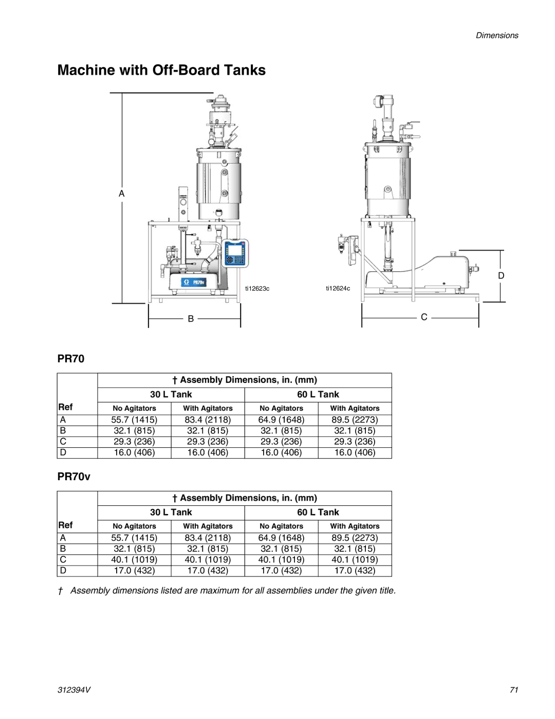 Graco 312394V important safety instructions Machine with Off-Board Tanks, † Assembly Dimensions, in. mm Tank 