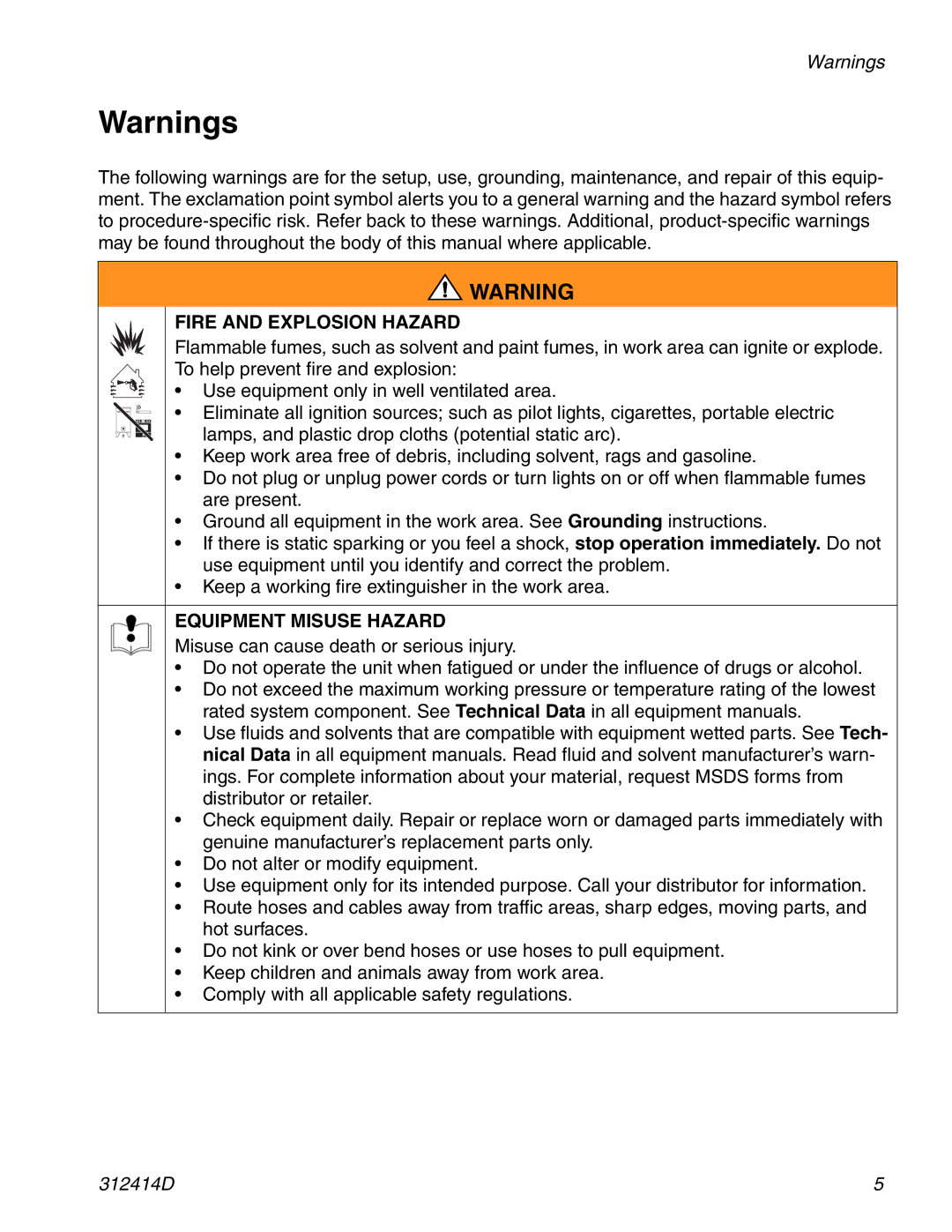 Graco 312414D important safety instructions Fire and Explosion Hazard 