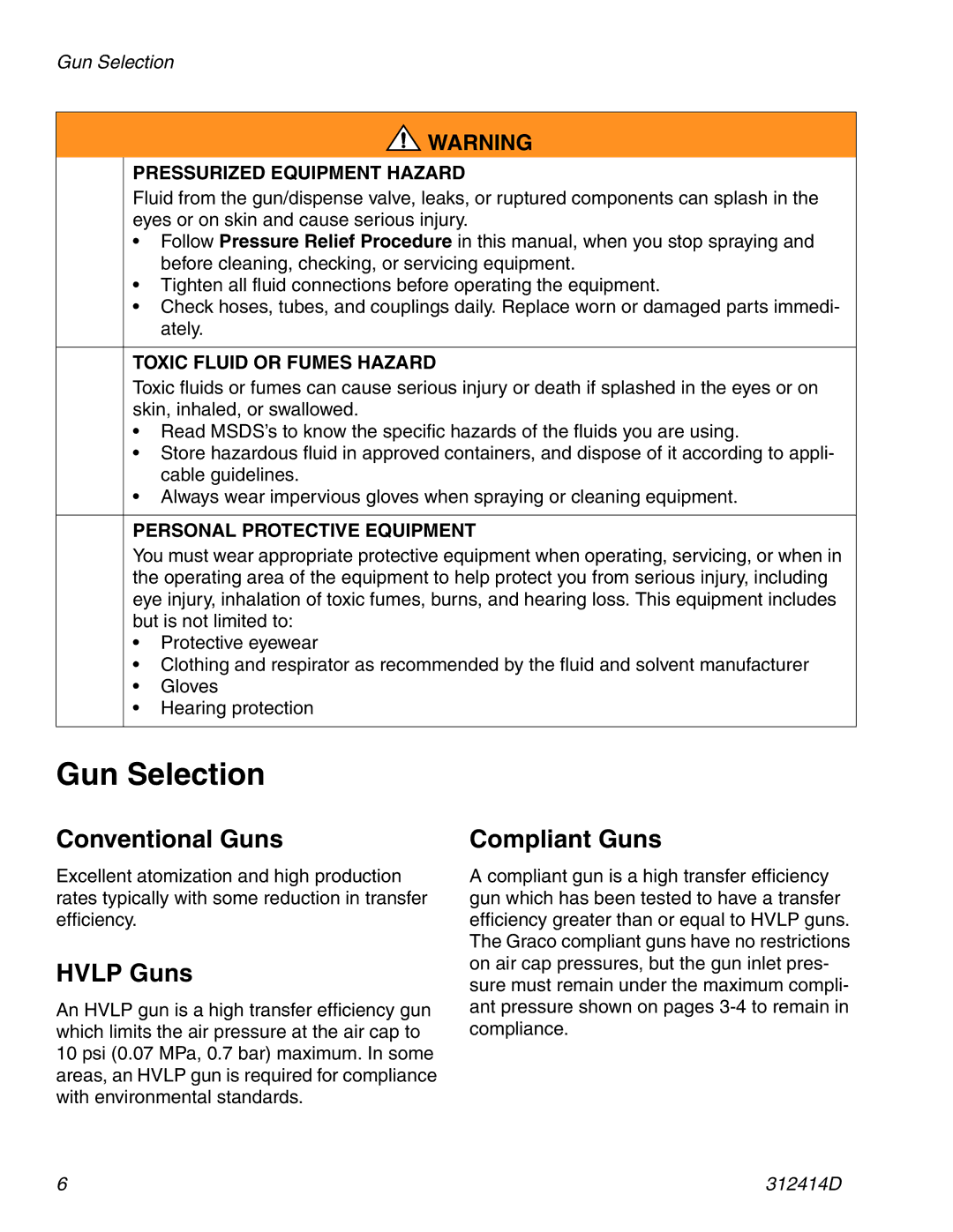 Graco 312414D important safety instructions Gun Selection, Conventional Guns, Hvlp Guns, Compliant Guns 