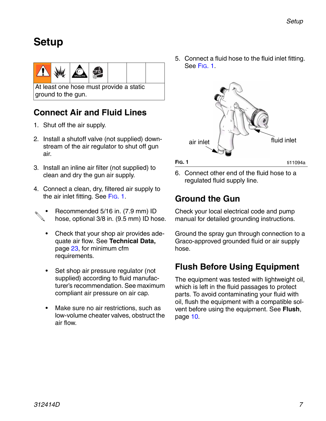 Graco 312414D Setup, Connect Air and Fluid Lines, Ground the Gun, Flush Before Using Equipment, Air inlet Fluid inlet 