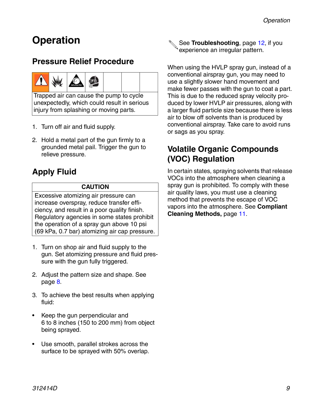 Graco 312414D Operation, Pressure Relief Procedure, Apply Fluid, Volatile Organic Compounds VOC Regulation 