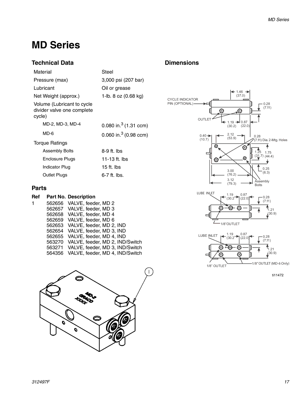 Graco 312497F important safety instructions MD Series, Technical Data, Dimensions, Parts, Ref Part No. Description 